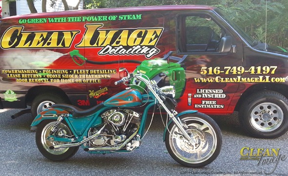Green motorcycle with orange flames all freshly cleaned!
