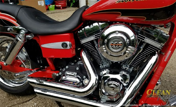Red custom Chopper with tons of clean chrome accents.